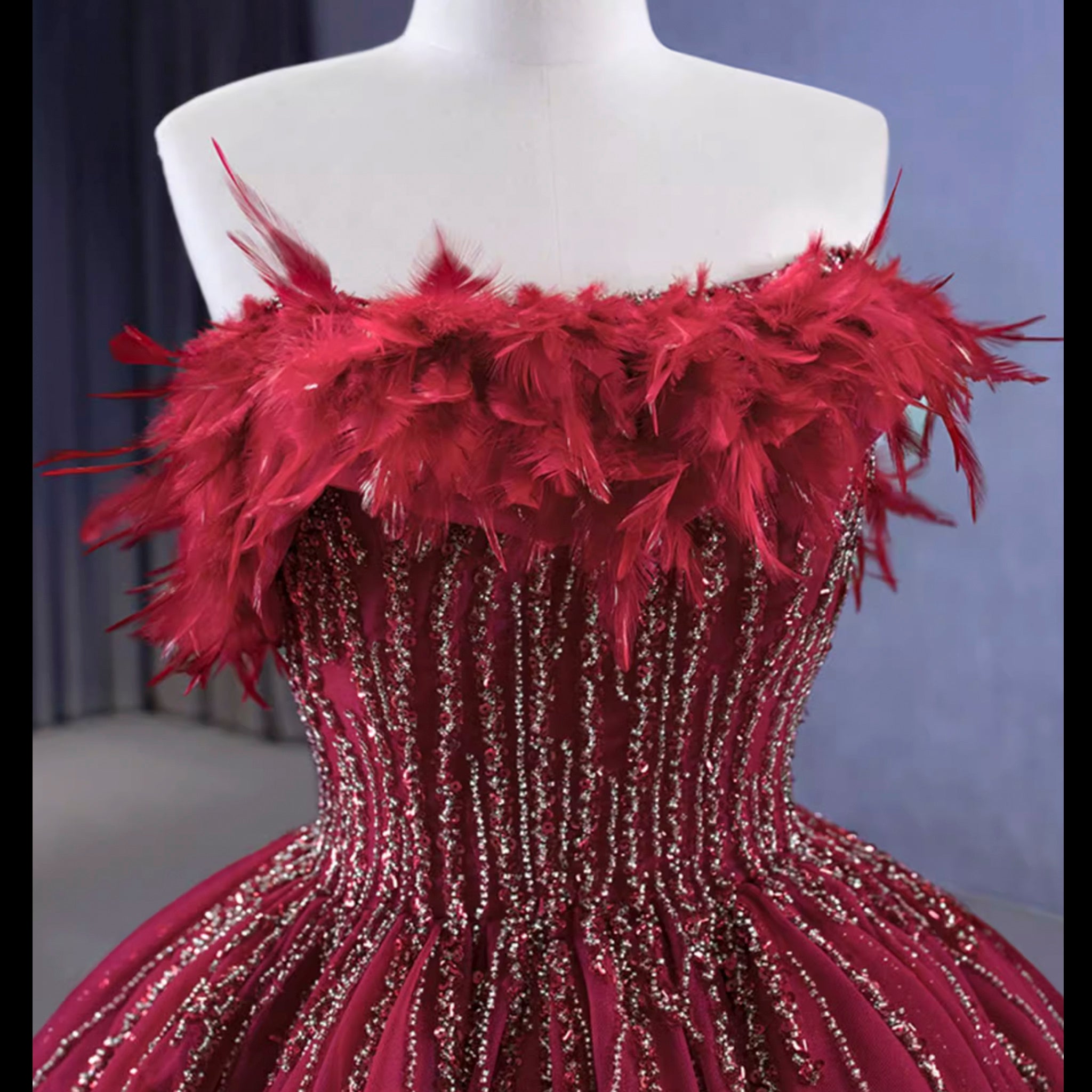 Burgundy Ball Gown Wedding Dress With Feather Beaded Quinceanera Gown Custom Colors / 20W Burgundy Ball Gown Wedding Dress With Feather Beaded Quinceanera Gown Custom Colors / 20W