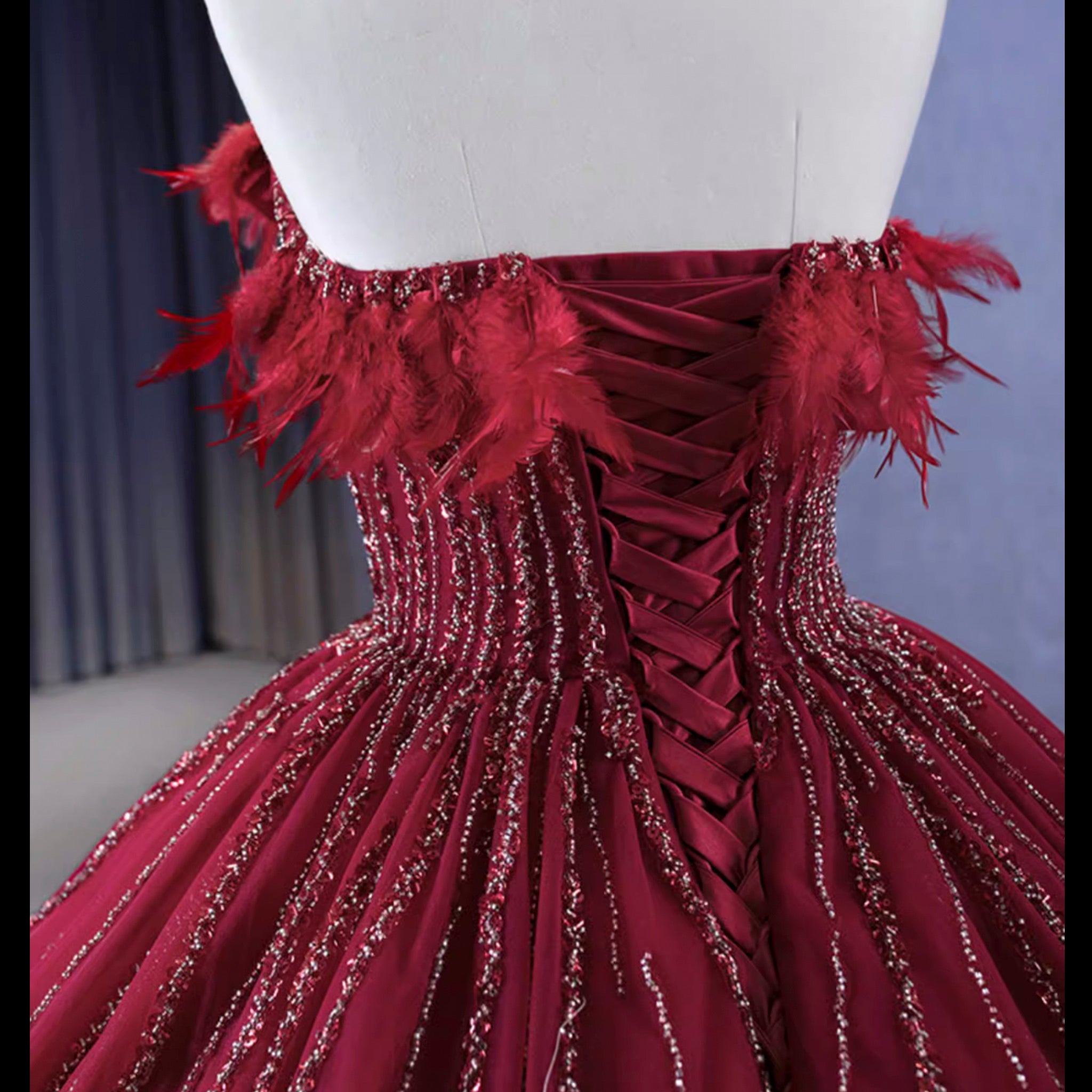 Burgundy Ball Gown Wedding Dress With Feather Beaded Quinceanera Gown Custom Colors / 20W Burgundy Ball Gown Wedding Dress With Feather Beaded Quinceanera Gown Custom Colors / 20W