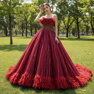 Burgundy Ball Gown Wedding Dress With Feather Beaded Quinceanera Gown Rosymae Burgundy Ball Gown Wedding Dress With Feather Beaded Quinceanera Gown Rosymae