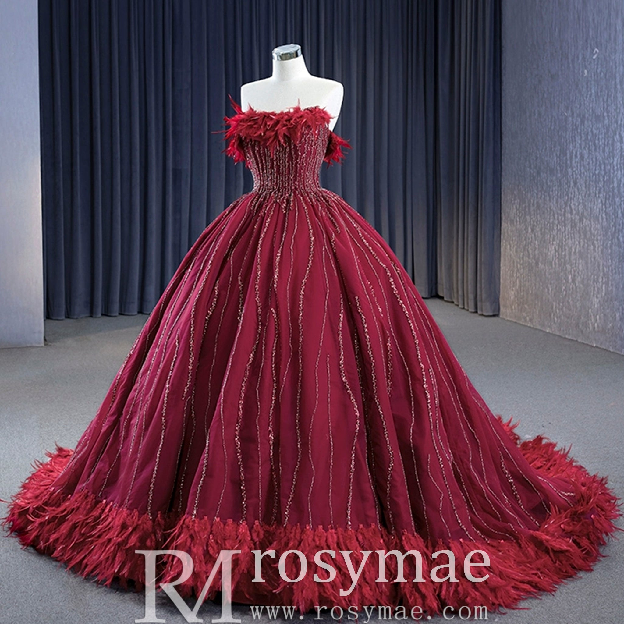 Burgundy Ball Gown Wedding Dress With Feather Beaded Quinceanera Gown Custom Colors / 20W Burgundy Ball Gown Wedding Dress With Feather Beaded Quinceanera Gown Custom Colors / 20W