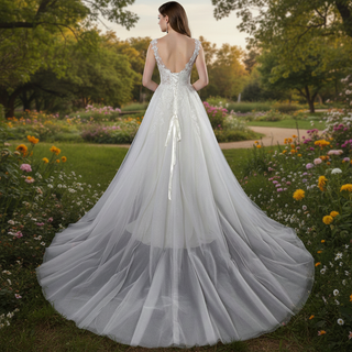 Romantic Cascading Floral Lace Ethereal Wedding Dress with Plunging Neckline