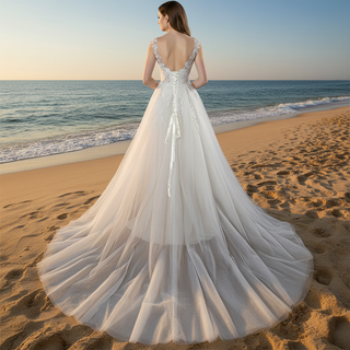 Romantic Cascading Floral Lace Ethereal Wedding Dress with Plunging Neckline