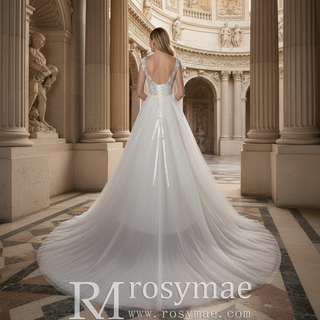 Romantic Cascading Floral Lace Ethereal Wedding Dress with Plunging Neckline