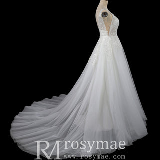Romantic Cascading Floral Lace Ethereal Wedding Dress with Plunging Neckline