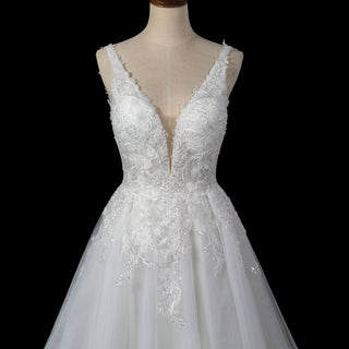 Romantic Cascading Floral Lace Ethereal Wedding Dress with Plunging Neckline