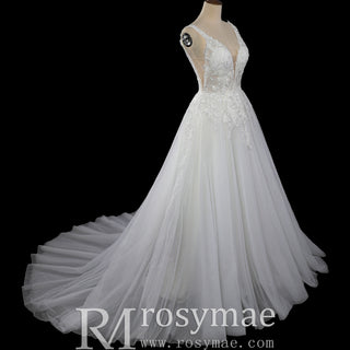 Romantic Cascading Floral Lace Ethereal Wedding Dress with Plunging Neckline