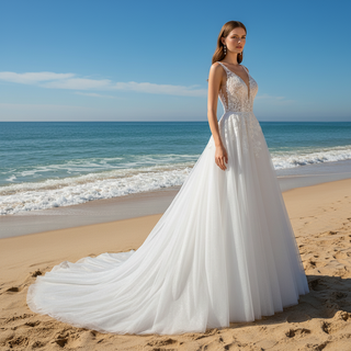 Romantic Cascading Floral Lace Ethereal Wedding Dress with Plunging Neckline