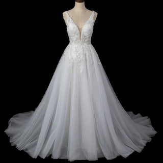 Romantic Cascading Floral Lace Ethereal Wedding Dress with Plunging Neckline