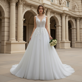 Romantic Cascading Floral Lace Ethereal Wedding Dress with Plunging Neckline