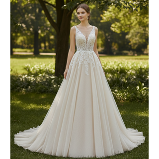 Romantic Cascading Floral Lace Ethereal Wedding Dress with Plunging Neckline