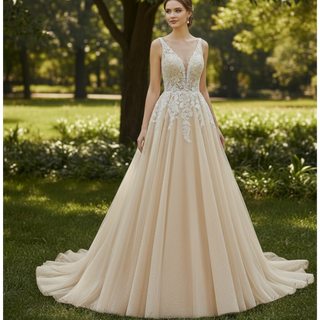 Romantic Cascading Floral Lace Ethereal Wedding Dress with Plunging Neckline