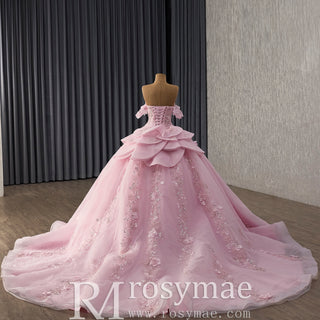 Fairytale Pink Ball Gown Quinceañera Dress with Puffy Tulle Skirt and 3D Flowers