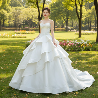 Vintage Tiered Ruffle Satin Wedding Dress Ball Gown with Sweetheart