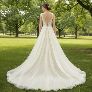 A Line Deep V-Neck Wedding Dresses with Tank Sleeve