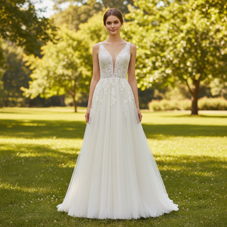 A Line Deep V-Neck Wedding Dresses with Tank Sleeve
