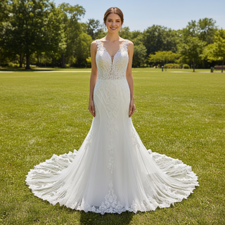 Elegant Plus Size V-neck Lacce Trumpet Keyhole Back Wedding Dress