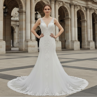 Elegant Plus Size V-neck Lacce Trumpet Keyhole Back Wedding Dress
