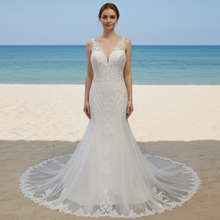 Elegant Plus Size V-neck Lacce Trumpet Keyhole Back Wedding Dress