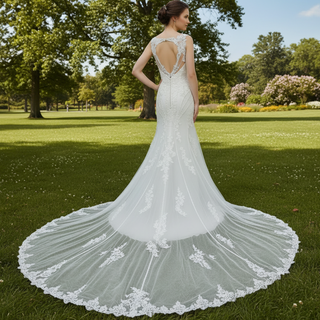 Elegant Plus Size V-neck Lacce Trumpet Keyhole Back Wedding Dress