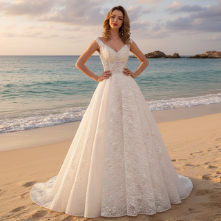 Cap Sleeve Double V A-line Lace Wedding Dress with Royal Train