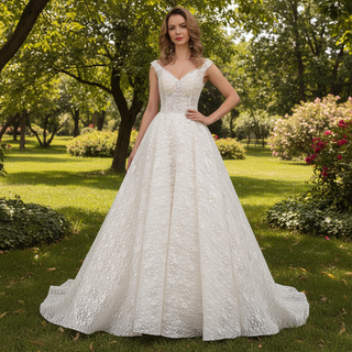 Cap Sleeve Double V A-line Lace Wedding Dress with Royal Train