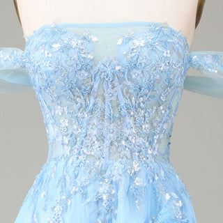 Vestido de fiesta azul claro con volantes Ruffle Regal, elegante vestido de noche con hombros descubiertos y abertura en la pierna