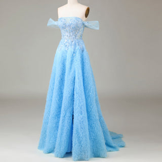 Vestido de fiesta azul claro con volantes Ruffle Regal, elegante vestido de noche con hombros descubiertos y abertura en la pierna