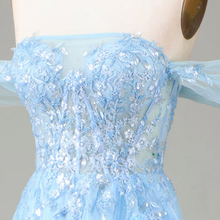 Vestido de fiesta azul claro con volantes Ruffle Regal, elegante vestido de noche con hombros descubiertos y abertura en la pierna