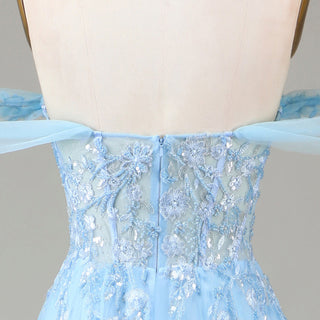 Vestido de fiesta azul claro con volantes Ruffle Regal, elegante vestido de noche con hombros descubiertos y abertura en la pierna