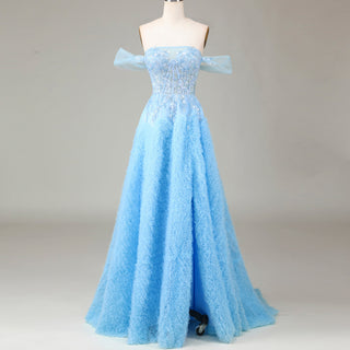 Ruffle Regal Light Blue Prom Dress Off Shoulder Evening Gown with Leg Slit