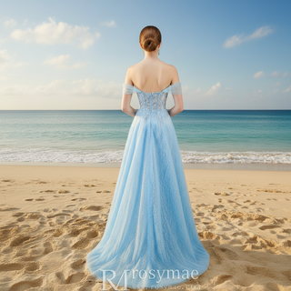 Vestido de fiesta azul claro con volantes Ruffle Regal, elegante vestido de noche con hombros descubiertos y abertura en la pierna