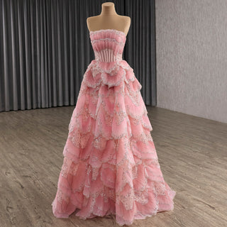 Layered Pink Formal Gown Prom Dress Beaded Corset Bodice & Tiered Ruff Rosymae Layered Pink Formal Gown Prom Dress Beaded Corset Bodice & Tiered Ruff Rosymae