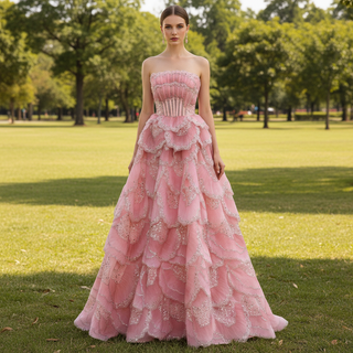 Layered Pink Formal Gown Prom Dress Beaded Corset Bodice & Tiered Ruff Rosymae Layered Pink Formal Gown Prom Dress Beaded Corset Bodice & Tiered Ruff Rosymae