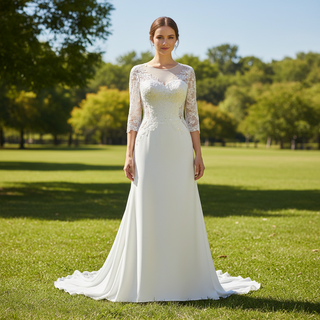 Three Quarter Sleeve A Line Boho Wedding Dresses and Gowns