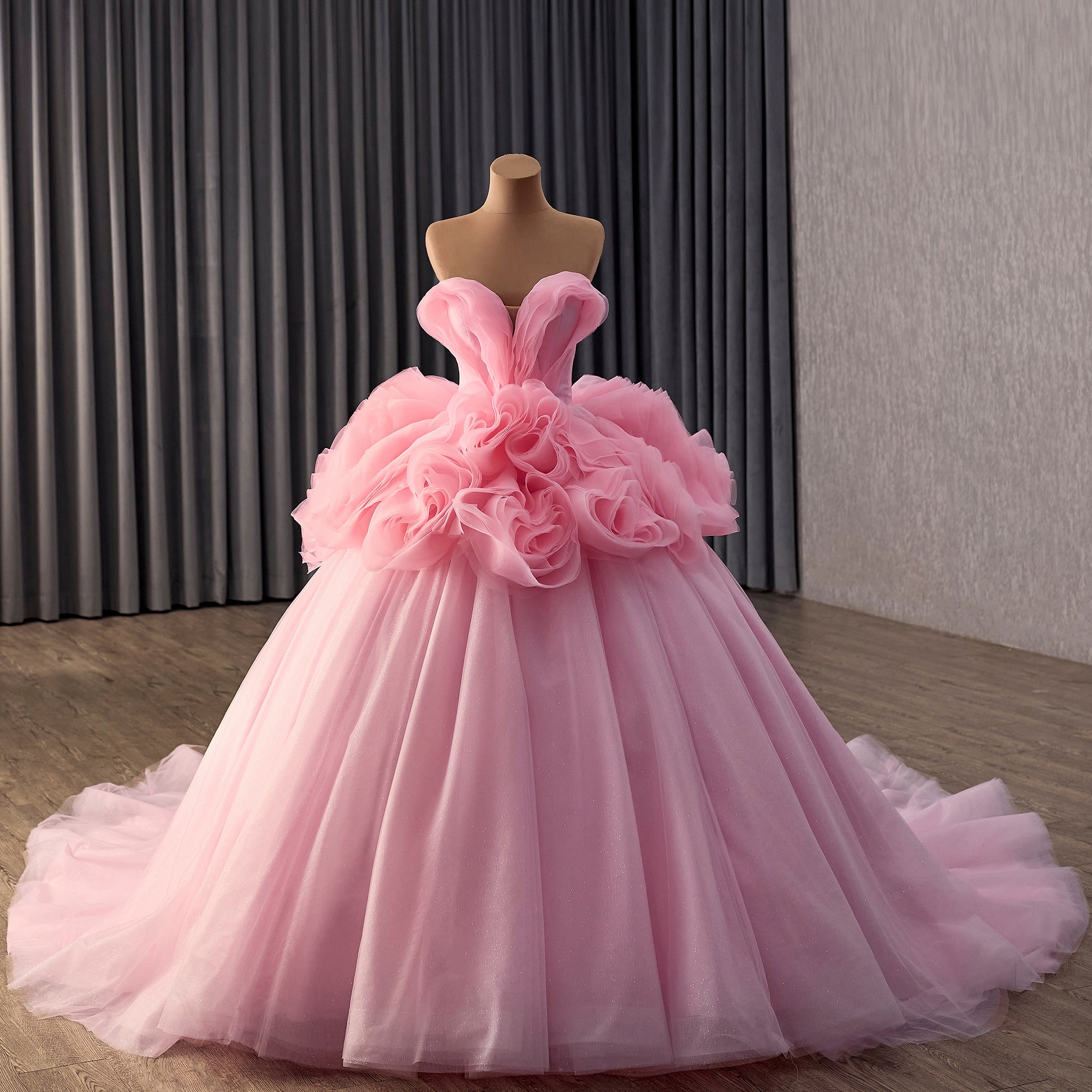 Blushing Pink Ruffle Prom Gown Quinceañera Dress with Tiered Tulle Skirt Pink / 18W Blushing Pink Ruffle Prom Gown Quinceañera Dress with Tiered Tulle Skirt Pink / 18W