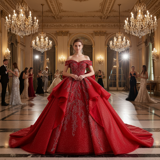 Tiered Skirt Quinceañera Dress with Silver Crystal Beading and Royal Train