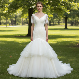 Plunging V Neck Short Sleeve Trumpet Wedding Dress Bridal Gown