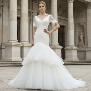 Plunging V Neck Short Sleeve Trumpet Wedding Dress Bridal Gown