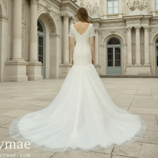 Plunging V Neck Short Sleeve Trumpet Wedding Dress Bridal Gown