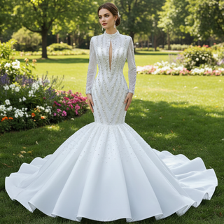 Gorgeous Handmade High Neck Trumpet Wedding Dress with Keyhole