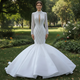 Gorgeous Handmade High Neck Trumpet Wedding Dress with Keyhole