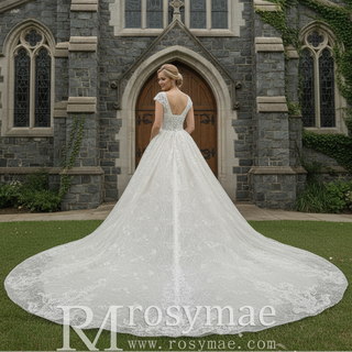 Tulle A-Line Wedding Dress with Cap Sleeves and Floral Lace Appliqués