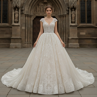Tulle A-Line Wedding Dress with Cap Sleeves and Floral Lace Appliqués