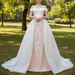 Off the Shoulder Sheath Ruched Wedding Dress with Overskirt