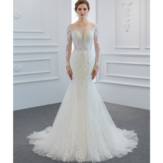 Long Sleeve Mermaid Lace Wedding Dress with Detachable Train