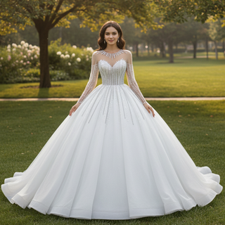 Vintage Beaded Ball Gown Puffy Wedding Dress with Long Sleeve