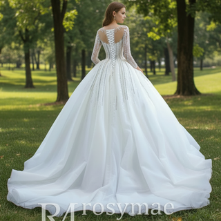 Vintage Beaded Ball Gown Puffy Wedding Dress with Long Sleeve