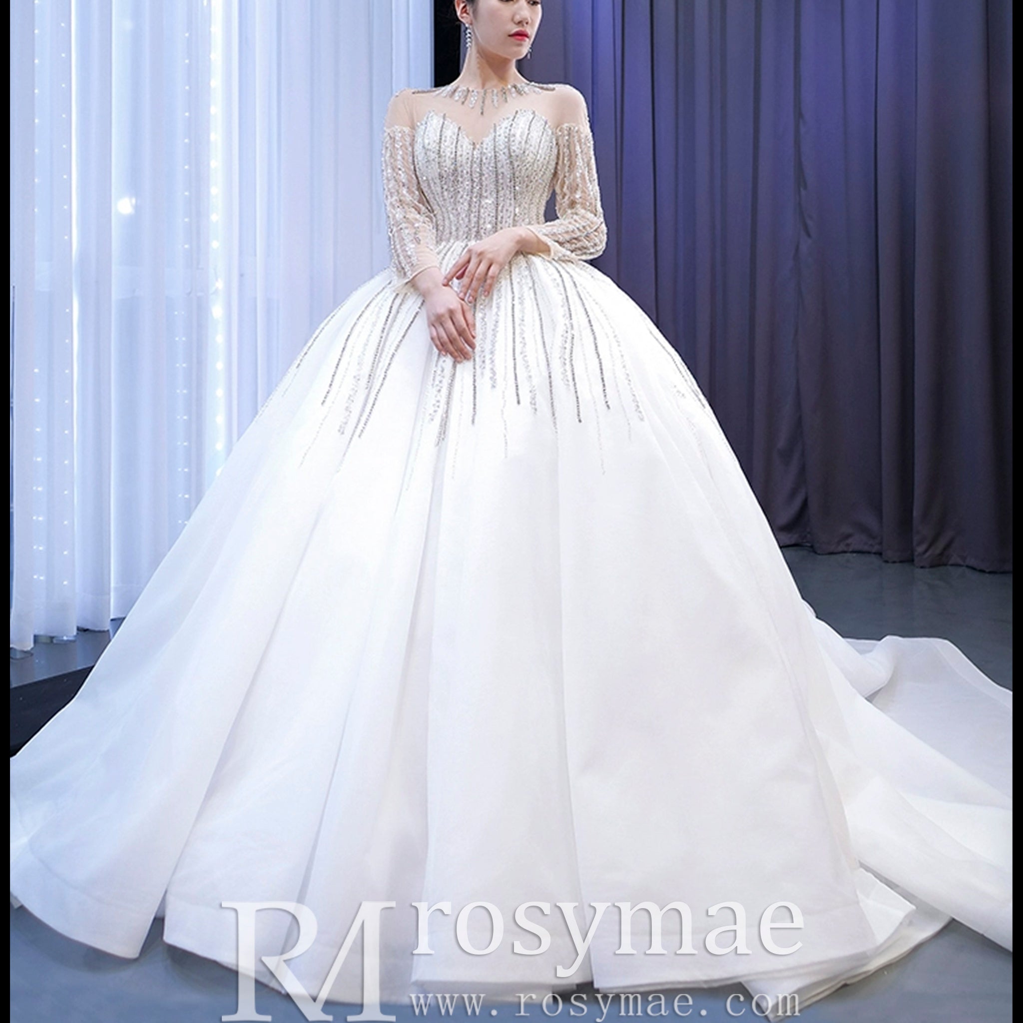 Vintage Beaded Ball Gown Puffy Wedding Dress with Long Sleeve White / 18 Vintage Beaded Ball Gown Puffy Wedding Dress with Long Sleeve White / 18