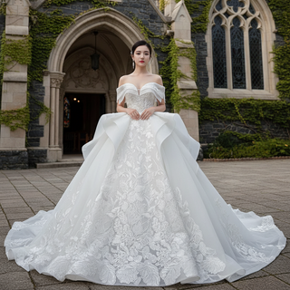 Off Shoulder Lace Applique Wedding Gown Puffy Wedding Dress