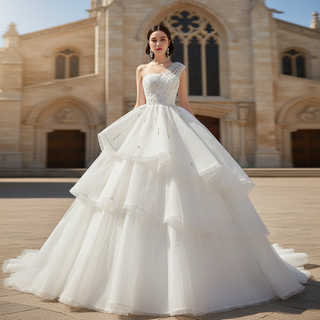 Layered Tulle Ball Gown Wedding Dress with One Shoulder
